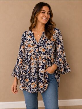 C&C California Navy Floral V-Neck Ruffled Tunic